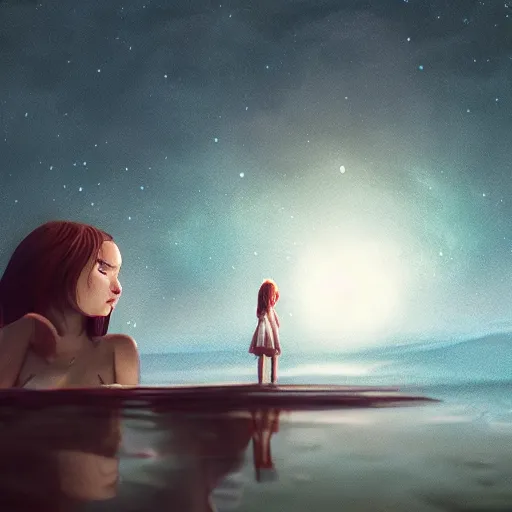 Prompt: cute girl with puckered lips standing on top of water looking down with curiosity into the dark abys with the stars above reflecting onto the water, trending on artstation, trending on deviantart, cinematic lighting, high detail, greg rutkowski, 8 k, light blue sky