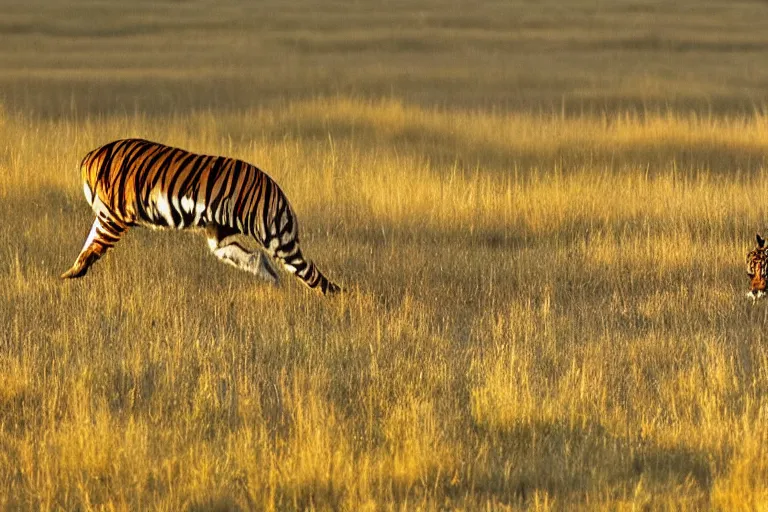 Image similar to an antelope and a tiger, the antelope is chasing the tiger golden hour, 6 0 0 mm, wildlife photo, national geographics