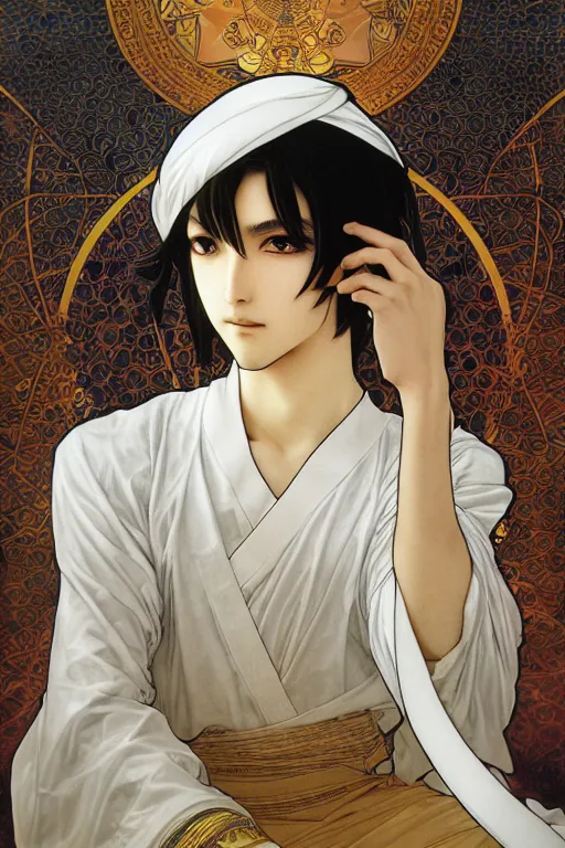 Prompt: beautiful medium shot manga portrait of young arabic man inspired by ayami kojima with short hair dressed with a white t - shirt, white background white bank studio light, art by yoshitaka amano, alfons mucha, hiroaki samura, jiro matsumoto and yusuke murata, sharp focus, high quality, 8 k