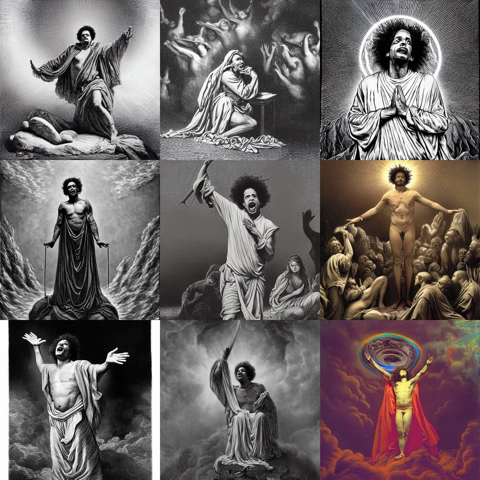 Prompt: a cinematic portrait of eric andre performing a sacred occult ritual of monologue in the style of gustave dore, rainbow color scheme, psychedelic, detailed, clear, crisp, deep focus, ornate,