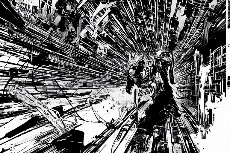 Prompt: Killy firing a gravitational beam emitter, Tsutomu Nihei style, Koji Morimoto, Blame! brutalist architecture, colored