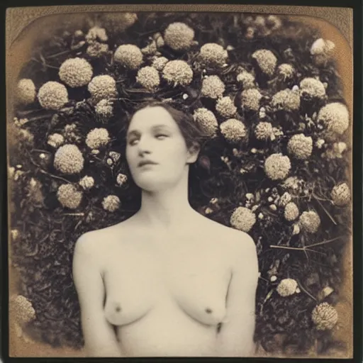 Image similar to portrait of a beautiful woman corpse covered in flowers in the middle of a Forest, ray gods, 1910 polaroid photography,