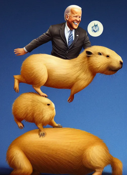 Image similar to ultradetailed photograph of joe biden riding a capybara by artgerm and Craig Mullins, James Jean, Andrey Ryabovichev, Mark Simonetti and Peter Morbacher 16k