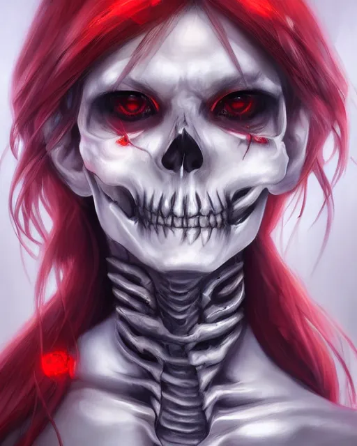 Image similar to A realistic anime portrait of a beautiful skeleton woman with glowing red eyes wearing clothes made of skulls, digital painting, by Stanley Artgerm Lau, Sakimichan, WLOP and Rossdraws, digtial painting, trending on ArtStation, SFW version