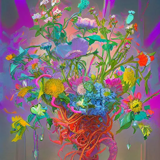 Image similar to a bouquet of flowers, flowers with very long petals,stark sunlight, hard light and long shadows, neon glowing, vivid, detailed painting, by James Jean and Ross Tran, masterpiece, award winning painting