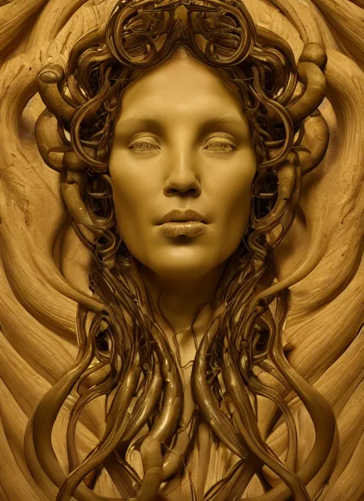 Image similar to carved translucent wax sculpture of medusa, wooden art nouveau swirls, strong subsurface scattering, tubes, gold elements, subsurface scattering, in the style of ruan jia and beeple and giger, subsurface scattering, mystical colors, back light, rim light, dramatic lighting, 8 k, stunning scene, raytracing, octane render, trending on artstation