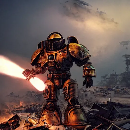 Prompt: heavily armored space marine standing on a pile of scrap metal and rubble, holding up a big futuristic rifle, smoke rising in the background, destroyed buildings and dead robots scatter the ground, cinematic, artstation, octane 3 d, atmospheric, smoke explosions, ominous battlefield, rule of thirds, detailed face mask, by vitaly bulgarov and filip hodas, art by blizzard