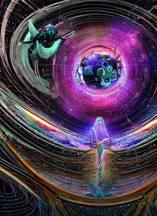 Image similar to the machine universe encounters a living cosmos inside an asymmetric orthogonal non - euclidean upside down inside out world with an infinite cosmic spiral waterfall of living information, inspired by android jones and blake foster, hyperrealistic, digital art, concept art, rendered in cinema 4 d, cryengine 4 k