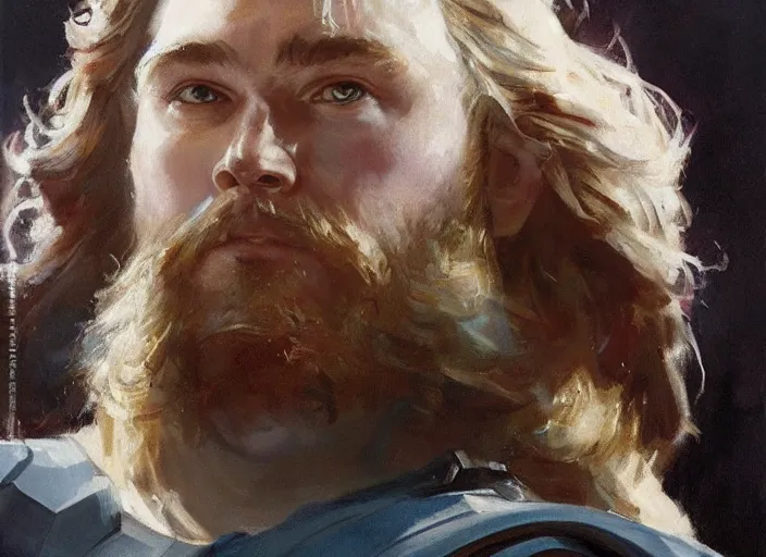 Image similar to a highly detailed beautiful portrait of thor, by gregory manchess, james gurney, james jean