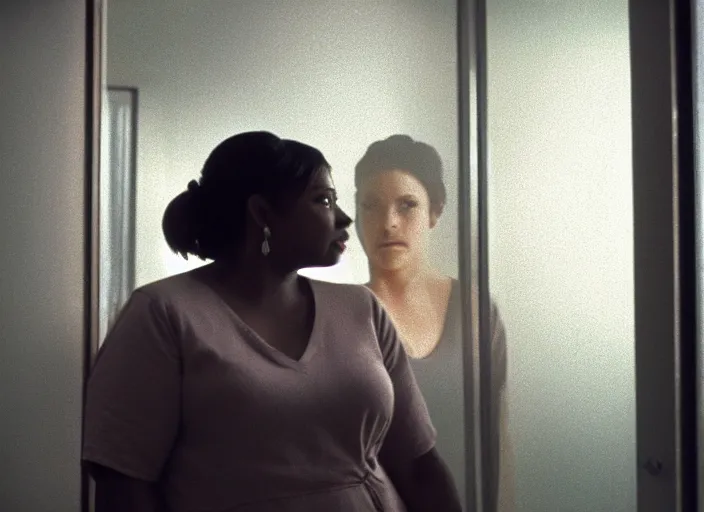 Image similar to cinematic portrait of panicking octavia spencer talking to the bathroom mirror, scene from the tense thriller film ( 2 0 0 1 ) directed by spike jonze, hyper - detailed face, dramatic backlit window, volumetric hazy lighting, moody cinematography, 3 5 mm kodak color film, anamorphic wide angle lens