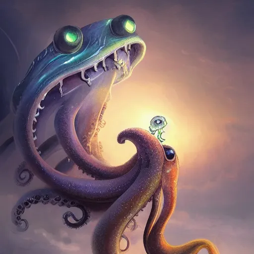 Image similar to angel squid monster with eyes on his tentacles looking at you sunset clouds digital painting, artstation, concept art, soft light, hdri, smooth, sharp focus, illustration, fantasy, intricate, elegant, highly detailed, D&D, matte painting, in the style of Greg Rutkowski and Alphonse Mucha and artemisia, 8k, highly detailed, jurgens, rutkowski, bouguereau, pastoral, rustic, georgic