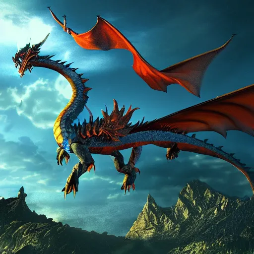 Prompt: an epic flying dragon, cinematic, volumetric lighting, hdr