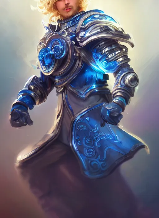 Image similar to a highly detailed illustration of thick wavy bright blonde haired effeminate boy wearing blue robe and goggles and iron cybermechanical arms, blue eyes, dramatic smiling pose, intricate, elegant, highly detailed, centered, digital painting, artstation, concept art, smooth, sharp focus, league of legends concept art, wlop