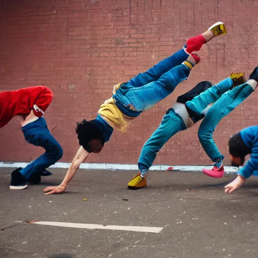 Image similar to photo of four breakdancers battling in the bronx in 1984 by Janette Beckman, gritty, energetic, hyperrealistic, trending on artstation