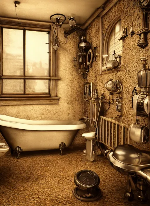 Image similar to old photo of a steampunk bathroom intricate detailed 8k ultra realistic