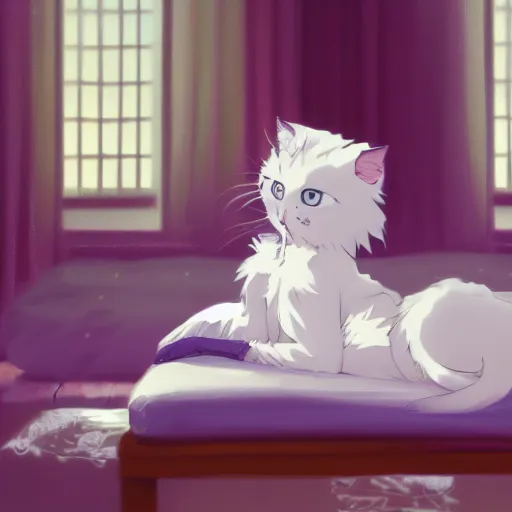 Image similar to a white ragdoll cat lies on the bed in the bedroom, warm atmosphere, anime key visual, digital art, anime screenshot, kyoto animation, makoto shinkai, trending on pixiv,