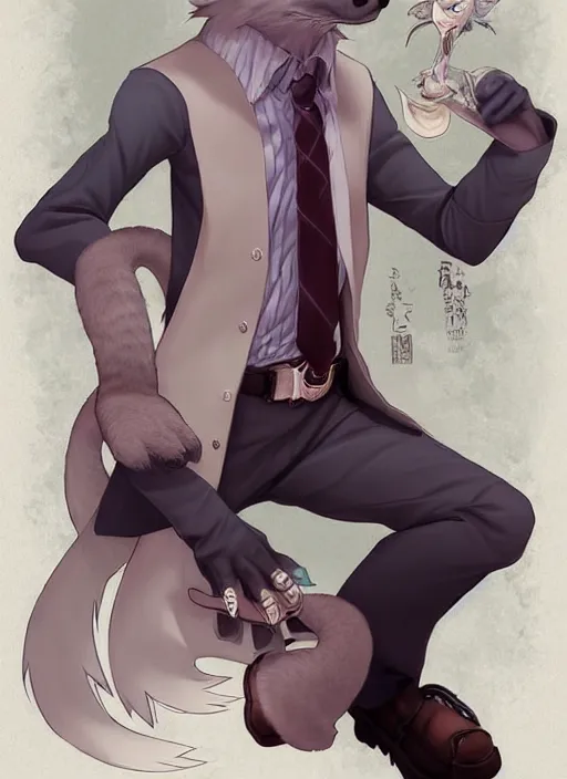 Image similar to character portrait of a male anthro opossum fursona with a tail and a cute beautiful attractive detailed furry face wearing a dress shirt and slacks outside a city tattoo parlor. Character design by charlie bowater, ross tran, artgerm, and makoto shinkai, detailed, inked, western comic book art