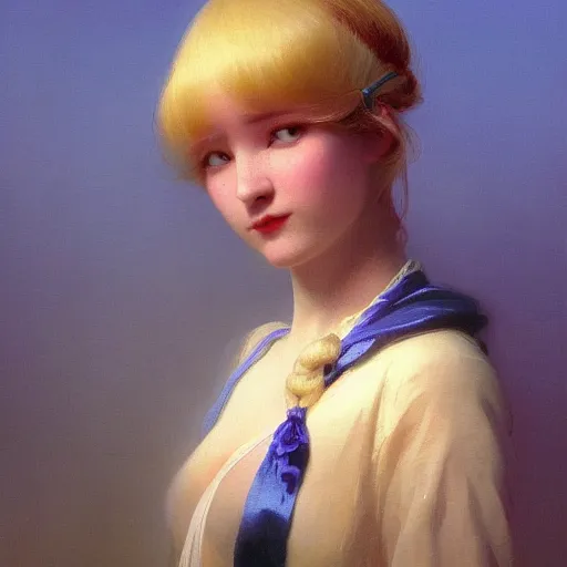 Image similar to a young woman's face, her hair is white and she wears an indigo blue satin cloak, by ivan aivazovsky and syd mead and moebius and gaston bussiere and roger dean and pieter claesz and paul delaroche and alma tadema and aelbert cuyp and mort kunstler, hyperrealistic, volumetric light, octane render
