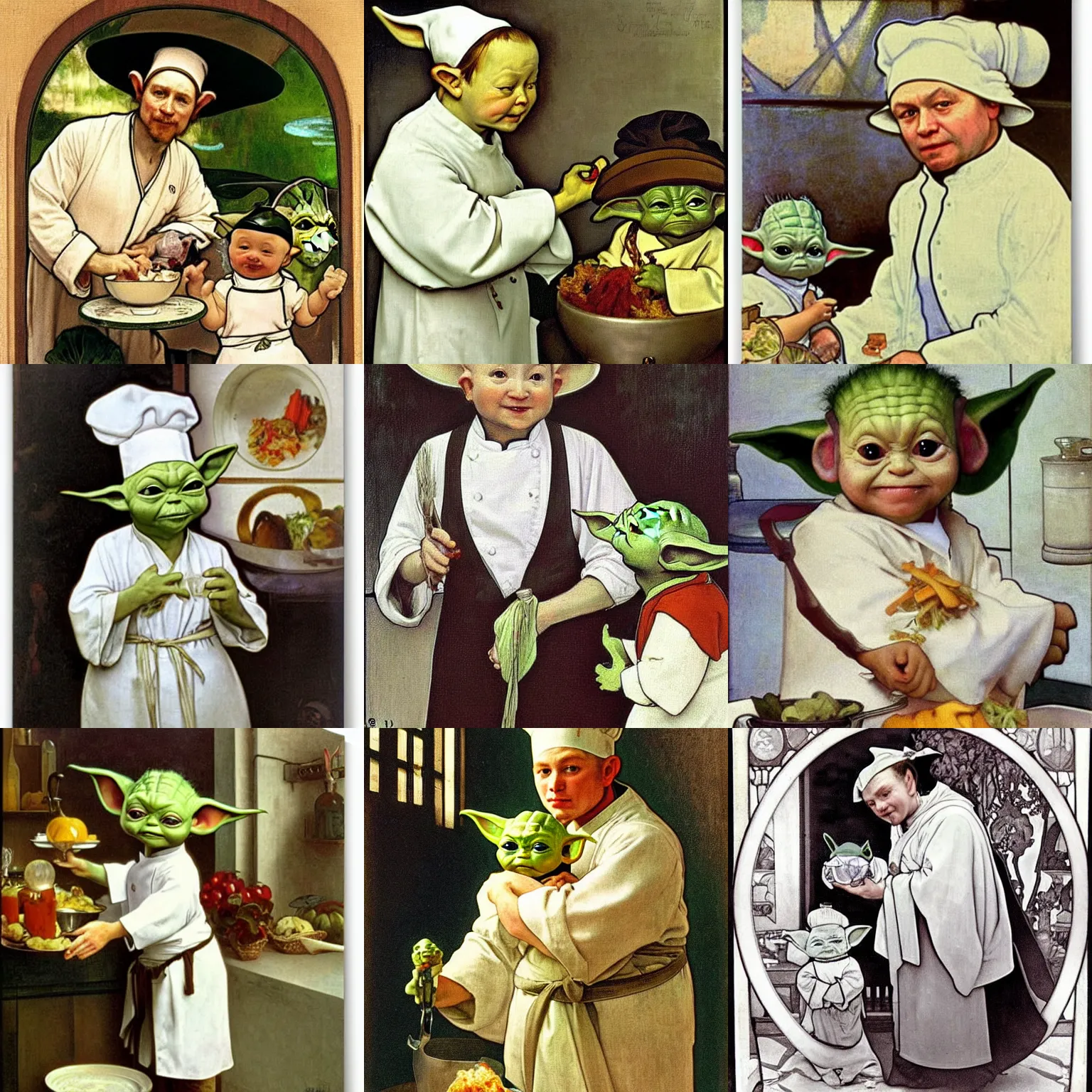 Prompt: baby yoda as a chef wearing a white apron and wearing a white chef's hat, by Jan van Eyck, by alphonse mucha