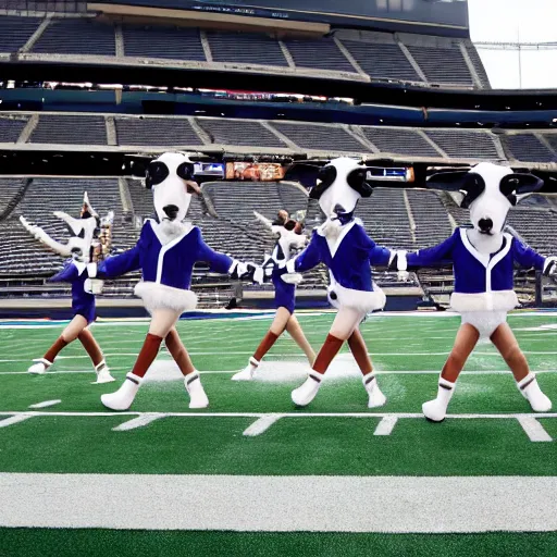 Image similar to Three anthropomorphic goats, dressed as Dallas cowboys cheerleaders, doing a kickline at AT&T stadium on the football field