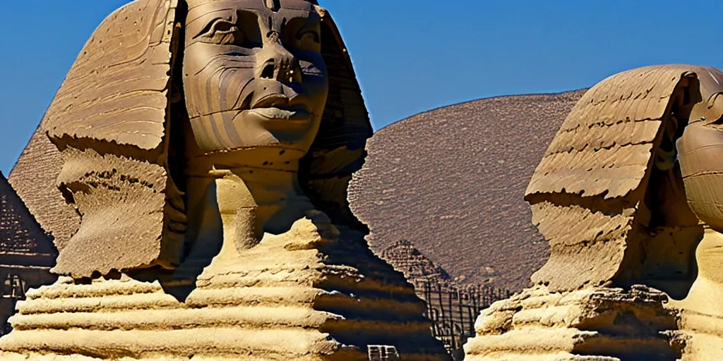 Image similar to a predator head on the great sphinx, wide angle establishing shot,