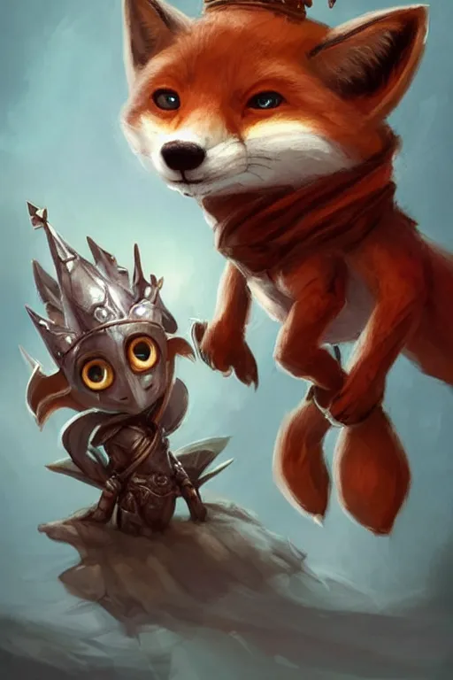 Image similar to cute little anthropomorphic foxy knight wearing a cape and a crown, tiny, small, miniature fox, baby animal, short, pale blue armor, cute and adorable, pretty, beautiful, DnD character art portrait, matte fantasy painting, DeviantArt Artstation, by Jason Felix by Steve Argyle by Tyler Jacobson by Peter Mohrbacher, cinematic lighting