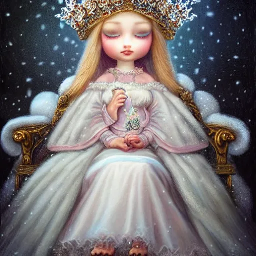 Prompt: highly detailed closeup portrait of a snow, ice princess, she is wearing a crown, she is sitting on a throne surrounded by fluffy bears, nicoletta ceccoli, mark ryden, lostfish, earl nore, global illumination, god rays, detailed and intricate environment