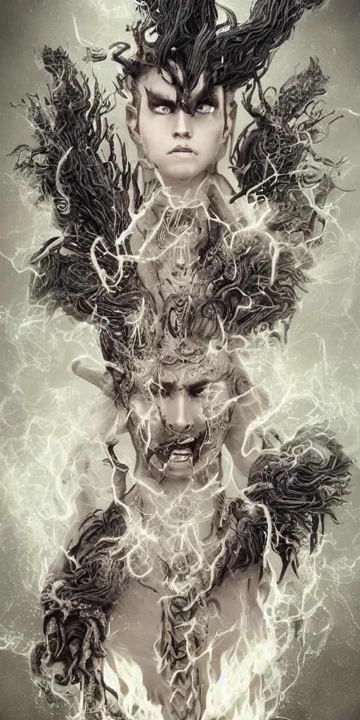 Image similar to full body and head , spiked black hair character design of realistic asian Sumerian Death Goddess ivory skin runic icons + mystical symbols, with small bleached bones covering vest and flowing electricity and smoke , fantasy, intricate, elegant, highly detailed , peter mordenbacher,Mike Winkelmann, ultra realistic, intricate, epic lighting, 8k , unreal engine 5, ultraviolet colors