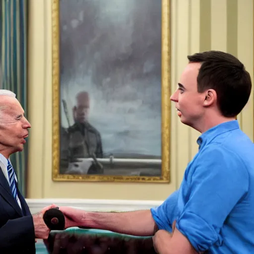 Image similar to sheldon cooper meeting joe biden eating communism