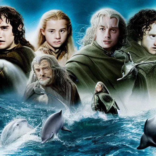 Prompt: lord of the rings where all characters are dolphins