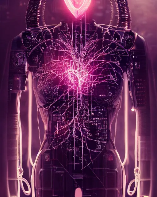 Image similar to a human heart cyberpunk style, revealing wires and electronics, hooked - up, sci - fi, missing panels, intricate abstract upper body intricate artwork, concept art, octane render, deviantart, cinematic, key art, hyperrealism, iridescent accents, portrait photograph, nikon 3 5 mm, photograph by greg rutkowski