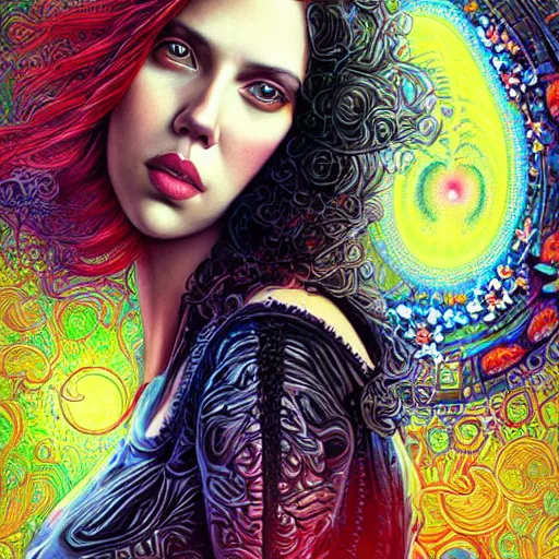 Image similar to portrait of scarlett johansson, hyper detailed masterpiece, neon floral pattern, jean giraud, digital art painting, darkwave goth aesthetic, psychedelic, artgerm, donato giancola and tom bagshaw