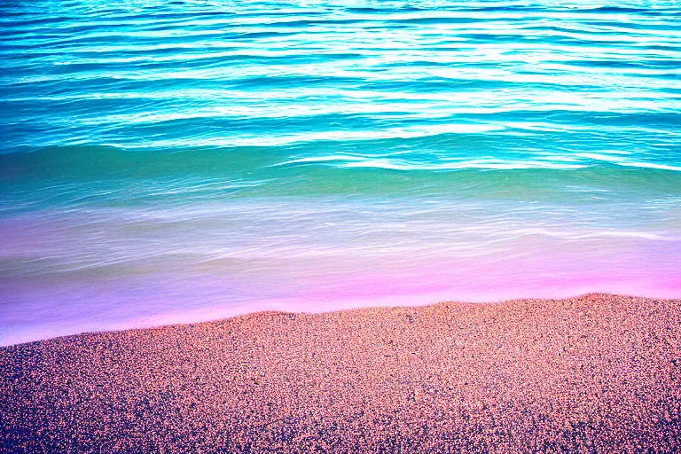 Prompt: a vintage family holiday photo fuji kodak of an empty beach shore with pastel pink iridescent!! sand and reflective metallic water and sunbathing equipment at dusk. refraction, volumetric, light haze.