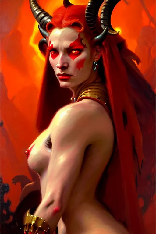 Image similar to painted close - up portrait of a very attractive red - skinned intimidating demon alien queen with ram horns! oil painting, wearing a noblewoman's outfit, fantasy art by john singer sargent and gaston bussiere and james jean and greg rutkowski, demon noble character design, hd