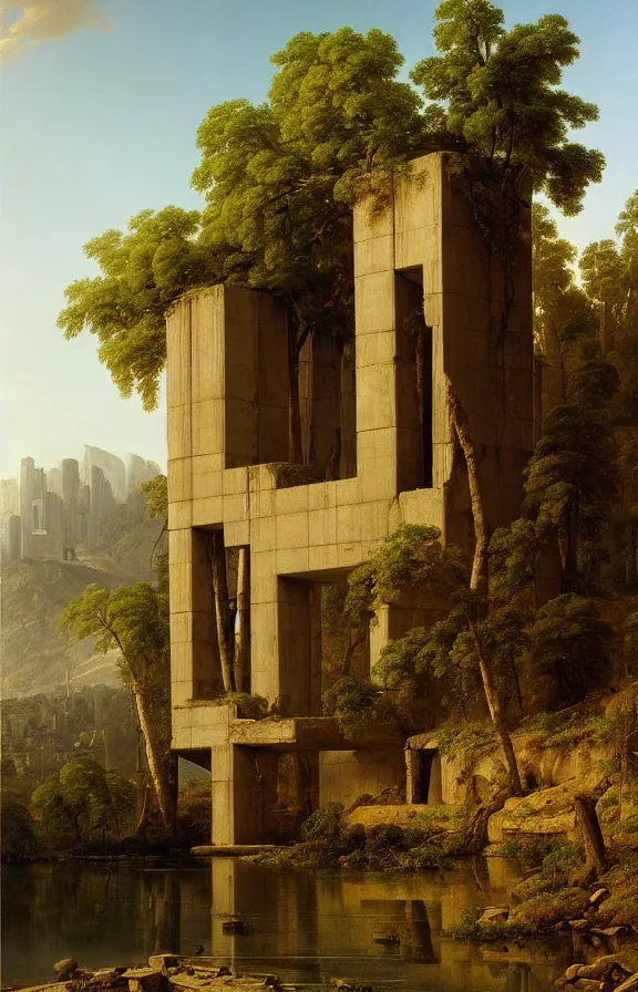 Prompt: classical landscape paintings of brutalist concrete structures, masterpiece, insanely detailed and intricate, oil paint by eugene von guerard and asher brown durand