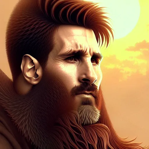 Image similar to Messi with a majestic beard, closeup, D&D, fantasy, intricate, elegant, highly detailed, digital painting, artstation, concept art, matte, sharp focus, illustration, art by Artgerm and Greg Rutkowski and Alphonse Mucha