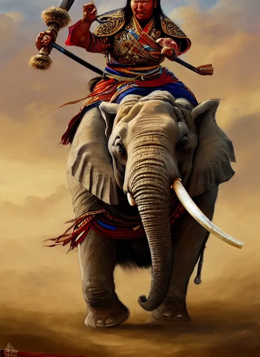 Image similar to portrait of a tai ethnic warlord rides an asian war elephant with emotional movement in the battlefield, historical, tai ethnic decoration, elegant, loin cloth, highly detailed, oil painting, artstation, concept art, matte, sharp focus, illustration, hearthstone, art by earl norem