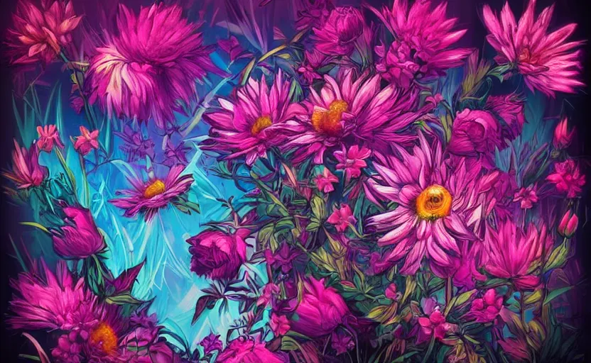 Image similar to flowers, retrowave epic art, trending on art station