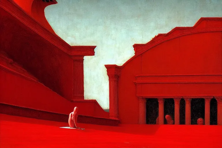 Image similar to only with red, a red melted emperor, taormina amphitheatre, crowd hails him happy, in the style of beksinski, parts by edward hopper, parts by rodcenko, parts by yue minjun, intricate and epic composition, red by caravaggio, insanely quality, highly detailed, masterpiece, red light, artstation, 4 k