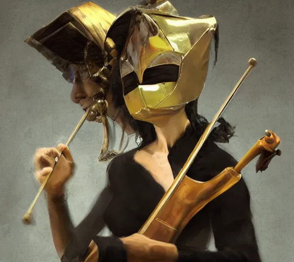 Image similar to craig mullins and ghibli digital art of on the stage of the theater, a masked female violinist performs alone, dressed in exotic costumes, gold jewelry, and black hair realistic shading, cinematic composition, realistic render, octane render, detailed textures, photorealistic, wide shot