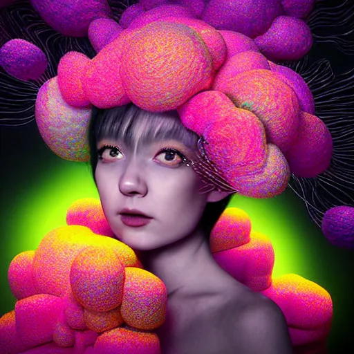 Image similar to hyper detailed 3d render like a Oil painting - kawaii Aurora (Singer) seen Eating of the Strangling network of colorful yellowcake and aerochrome and milky Fruit and Her delicate Hands hold of gossamer polyp blossoms bring iridescent fungal flowers whose spores black the foolish stars by Jacek Yerka, Mariusz Lewandowski, Houdini algorithmic generative render, Abstract brush strokes, Masterpiece, Edward Hopper and James Gilleard, Zdzislaw Beksinski, Mark Ryden, Wolfgang Lettl, hints of Yayoi Kasuma, octane render, 8k