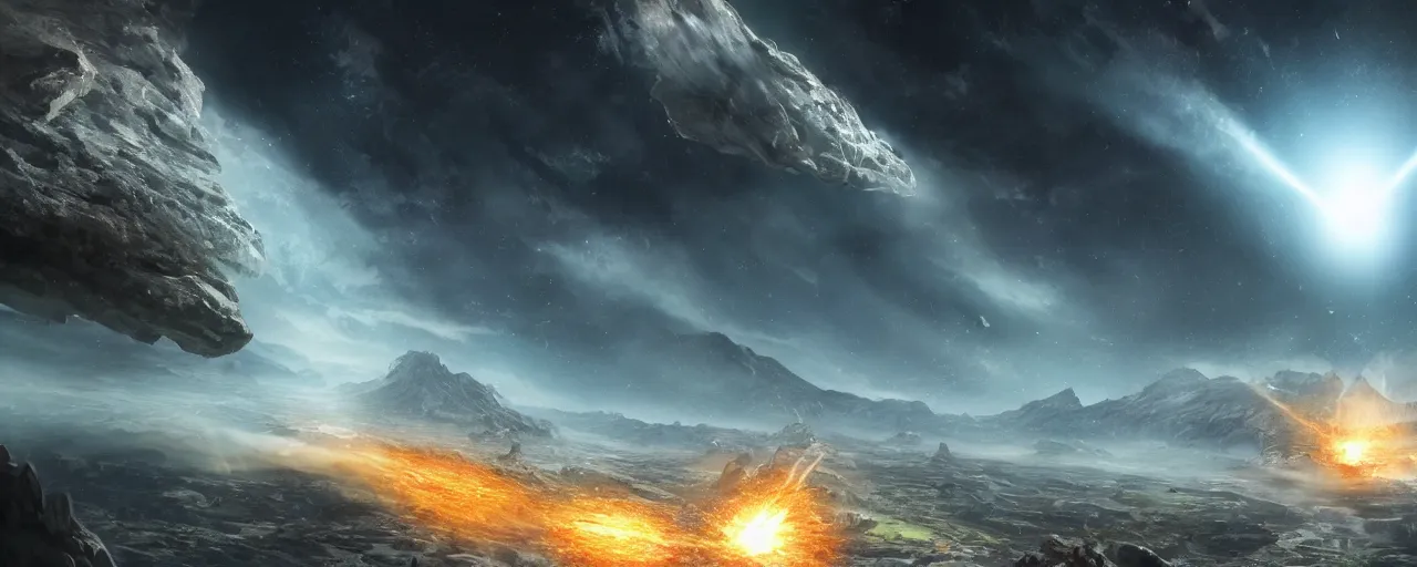 Image similar to a large alien meteor hits the center of the earth, large scale, breathtaking, mixed media, digital art, trending on artstation, 8k, epic composition, highly detailed, AAA graphics