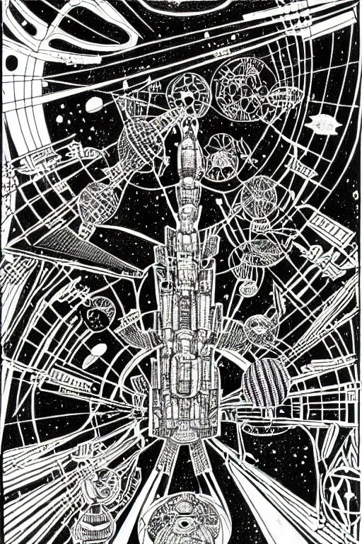 Image similar to a black and white drawing of an ancient future japanese temple international space station, bioluminescence, a detailed mixed media collage by eduardo paolozzi and ernst haeckel, intricate linework, sketchbook psychedelic doodle comic drawing, geometric, deconstructivism, matte drawing, academic art, constructivism