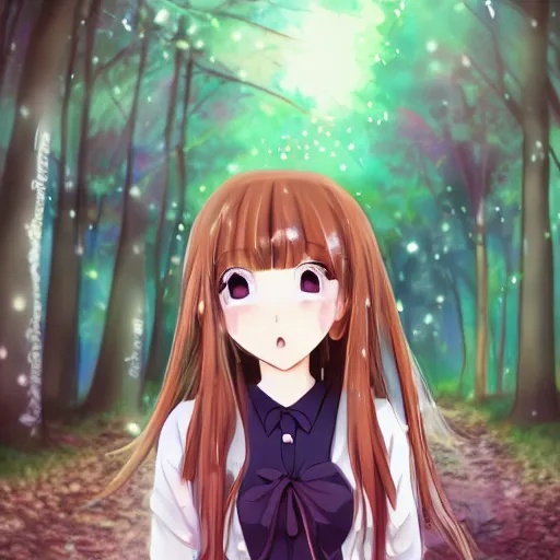 Image similar to photo of an adorable anime girl with long brown hair, looking partly to the left, blue shining eyes, light makeup, light pink lipstick, bokeh forest background, 4k, highly detailed, cel-shaded, anime art style, cartoon