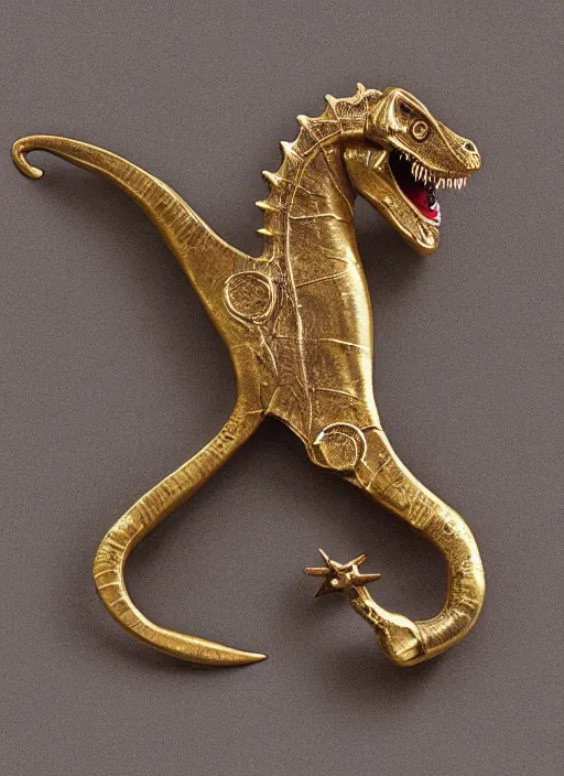 Image similar to bronze age Irish, gold cloak pin of a dinosaur, studio lighting, museum display case