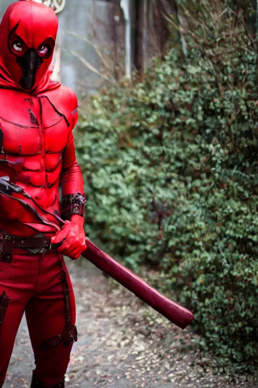 Image similar to red hood cosplay, creepy, disturbing, bloody