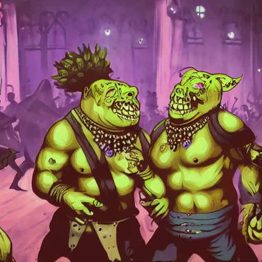 Prompt: Sigmar and Nurgle dancing at a rave party, warhammer