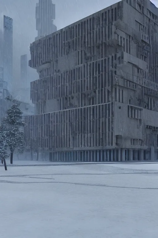 Prompt: brutalist architecture, hyperrealistic rendering, 4 k, tyndall effect, snow day