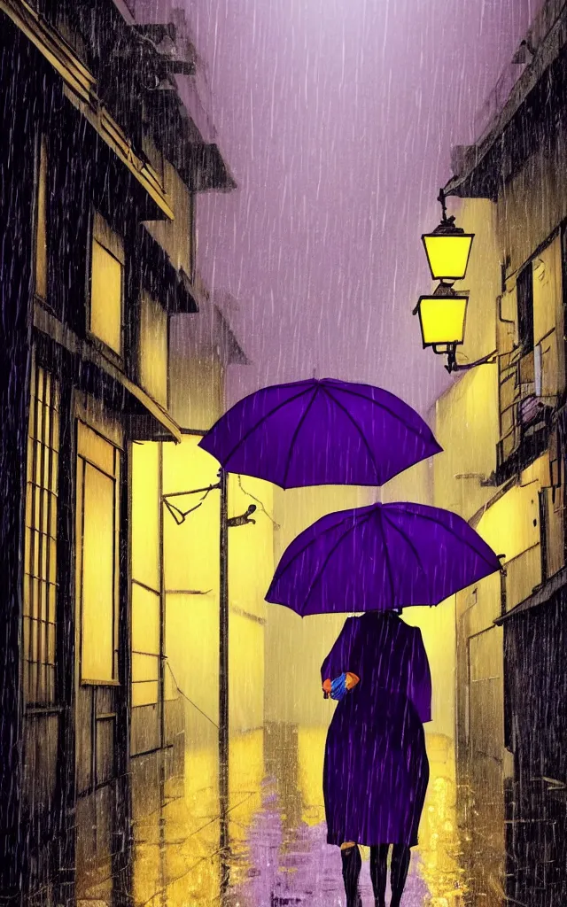 Prompt: a woman holding a purple umbrella walking on the wet street on a rainy night in a kyoto alley way by makoto shinkai and by wes anderson. dramatic lighting. cel shading.