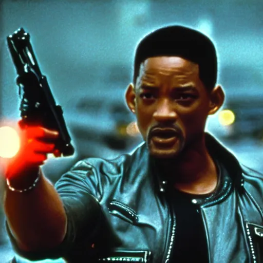 Prompt: film still of will smith as the terminator (1984 film), film grain, insanely detailed, 4k, photorealistic, hd